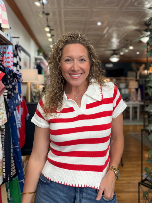 Geranium Red + Cream Striped Blanket Stitch Top - Themasonboutique