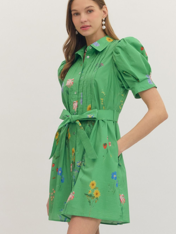 Green dress with floral patterns on a plain background
