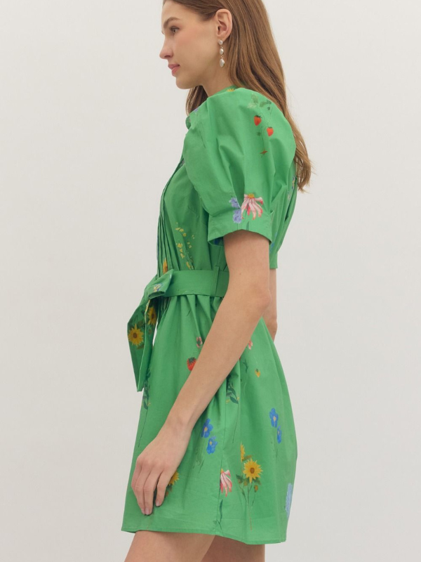 Green dress with floral embroidery on a plain background