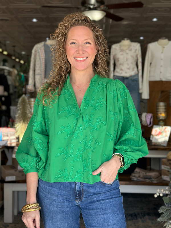 Green Appliqué Button Up Top