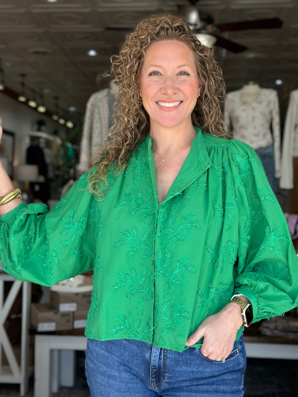 Green Appliqué Button Up Top