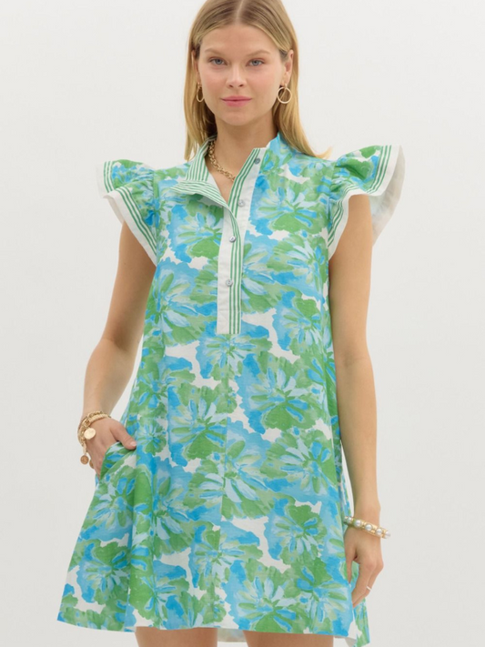Green + Aqua Floral Ruffle Sleeve Mini Dress