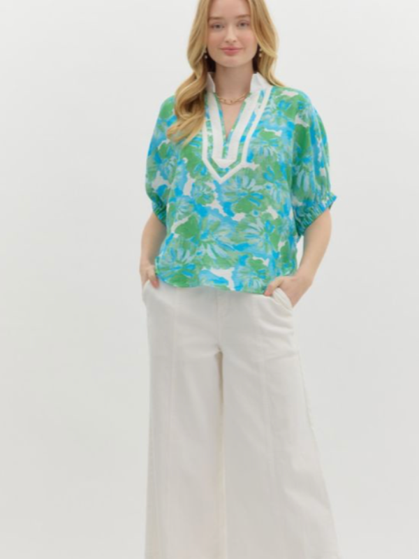 Green & Aqua Floral Split Neck Top