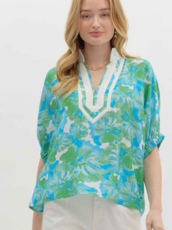 Green & Aqua Floral Split Neck Top