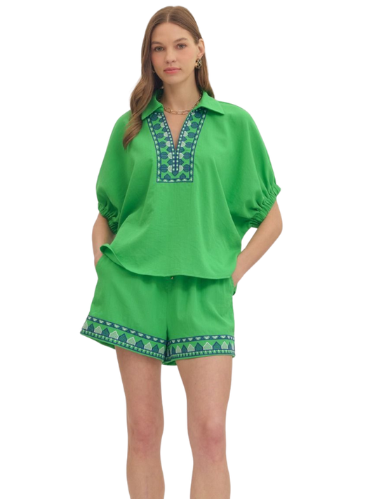 Green + Blue Embroidered Top - Themasonboutique