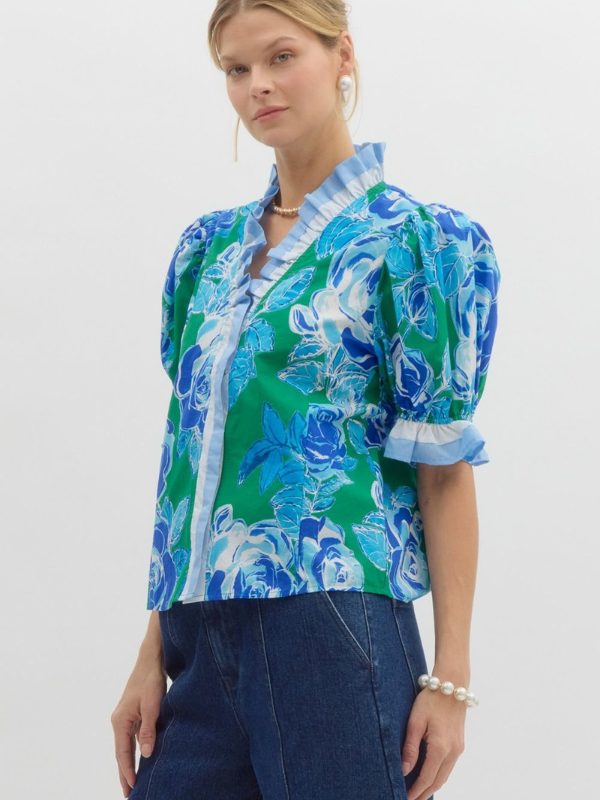 Green & Blue Floral Ruffle Snap Button Top