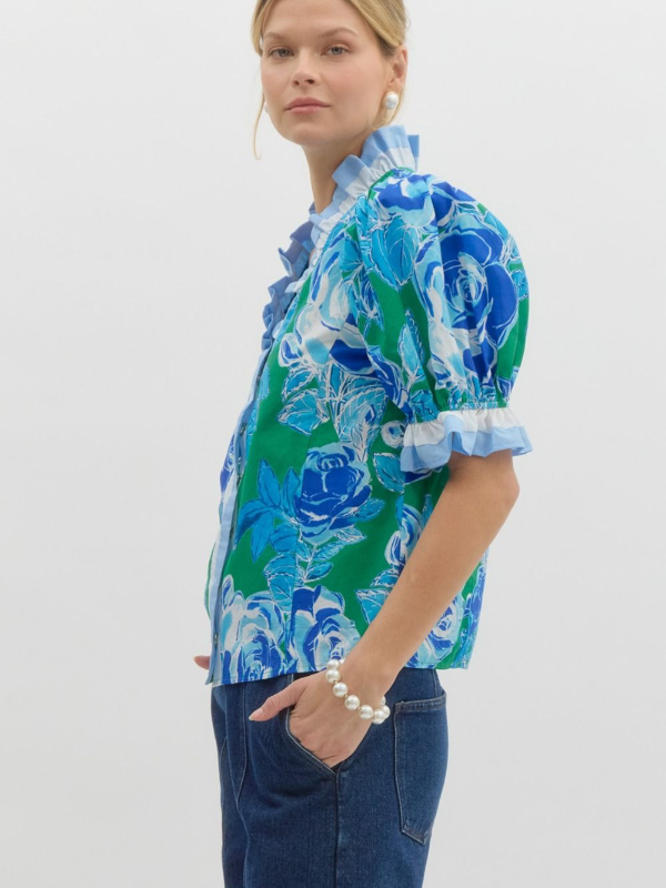 Green & Blue Floral Ruffle Snap Button Top