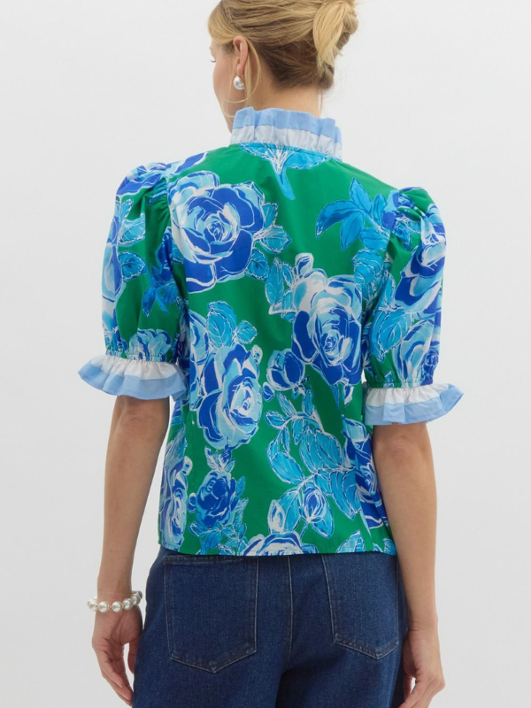 Green & Blue Floral Ruffle Snap Button Top