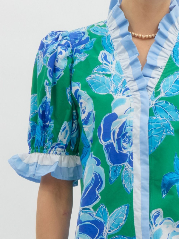 Green & Blue Floral Ruffle Snap Button Top