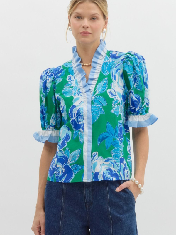 Green & Blue Floral Ruffle Snap Button Top