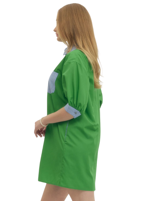 Green dress with blue trim on a white background