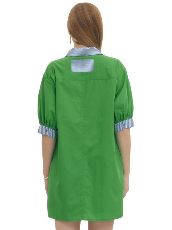 Green dress with striped cuffs and collar on a white background