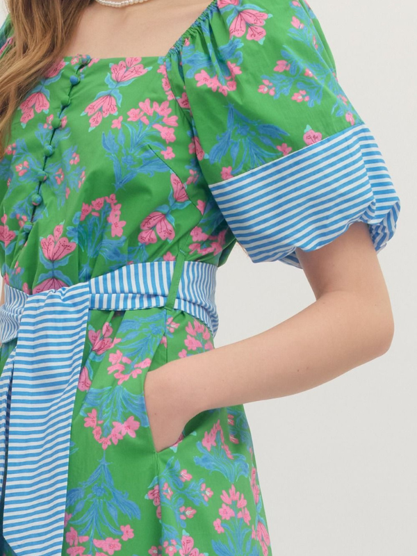 Green + Blue Stripes + Floral Midi Dress
