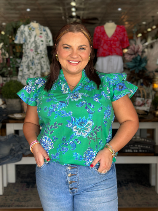 Green + Cobalt Blue Floral Ruffle Sleeve Top