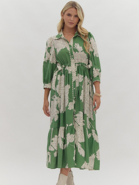 Green & Cream Floral Maxi Dress - Themasonboutique