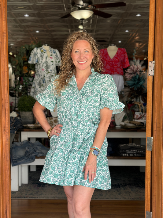 Green Floral Tie Waist Mini Dress