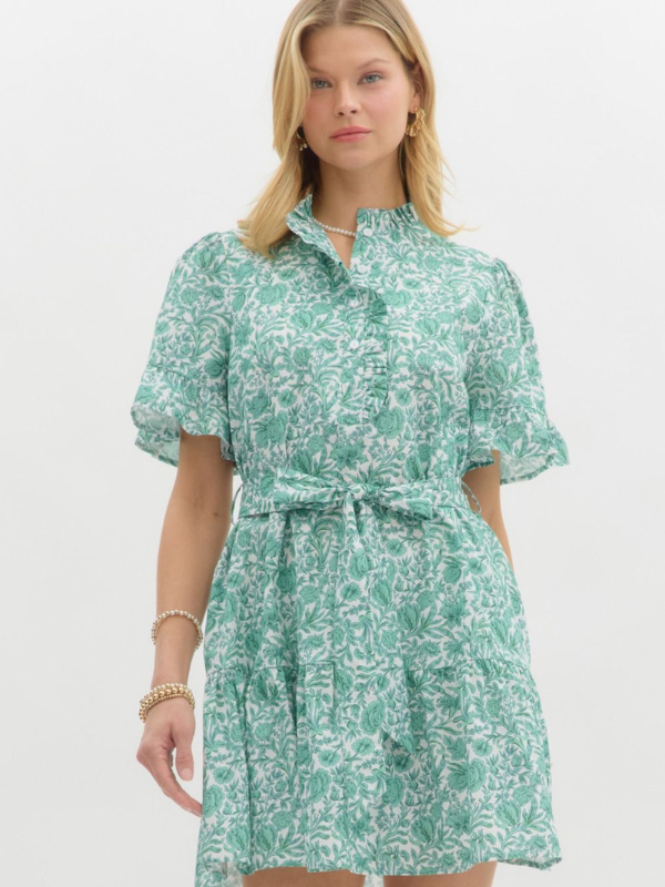 Green Floral Tie Waist Mini Dress