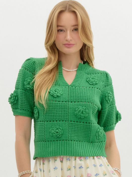 Green Flower Applique Short Sleeve Sweater