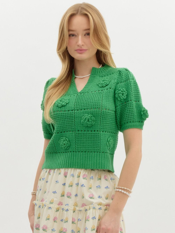 Green Flower Applique Short Sleeve Sweater