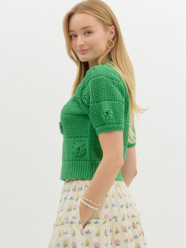 Green Flower Applique Short Sleeve Sweater