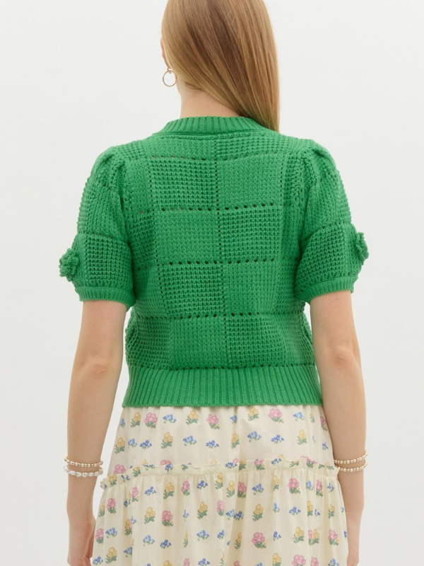 Green Flower Applique Short Sleeve Sweater