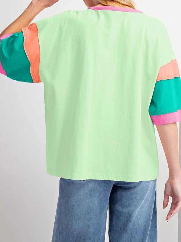 Green + Pink Colorblock Top