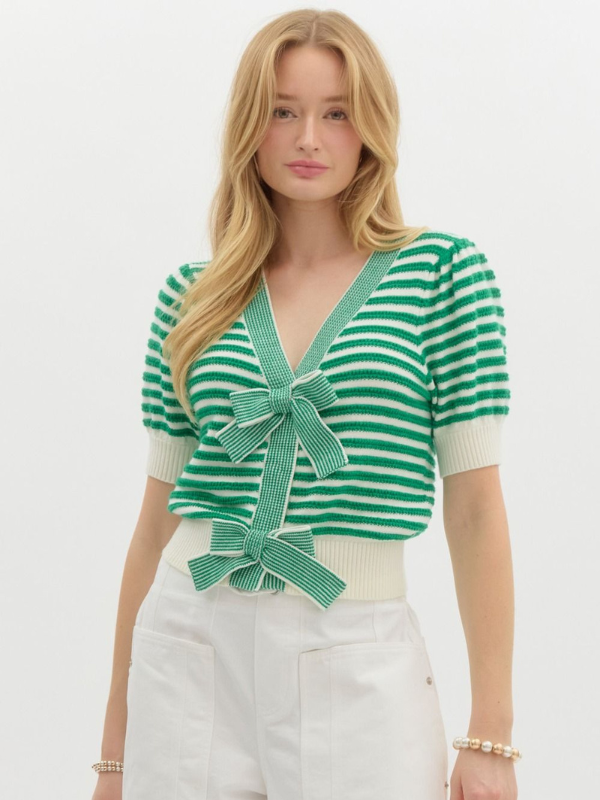 Green Striped Bow Cardigan Top