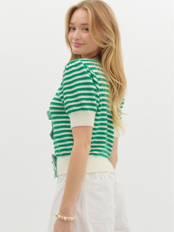 Green Striped Bow Cardigan Top