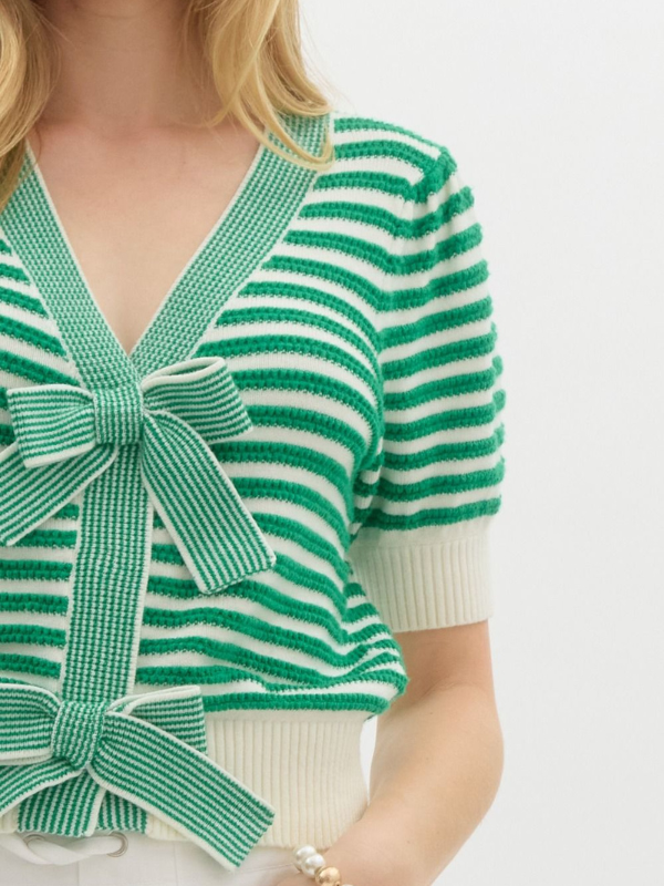 Green Striped Bow Cardigan Top