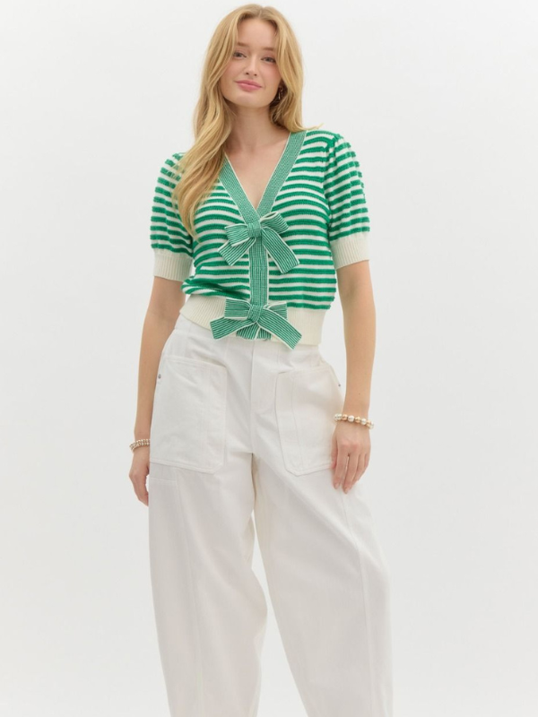 Green Striped Bow Cardigan Top