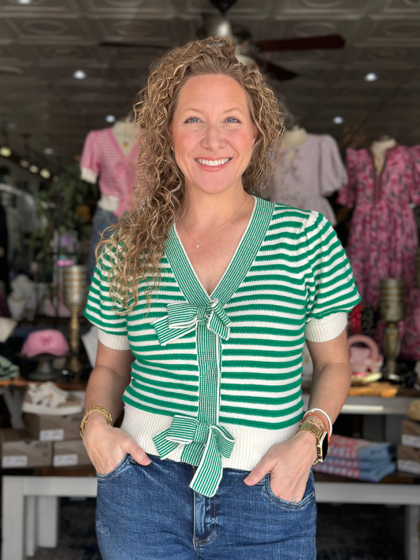 Green Striped Bow Cardigan Top