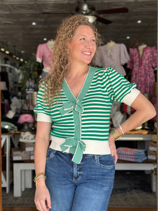 Green Striped Bow Cardigan Top