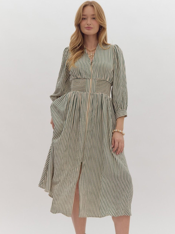 Green Striped Smocked Midi Dress - Themasonboutique