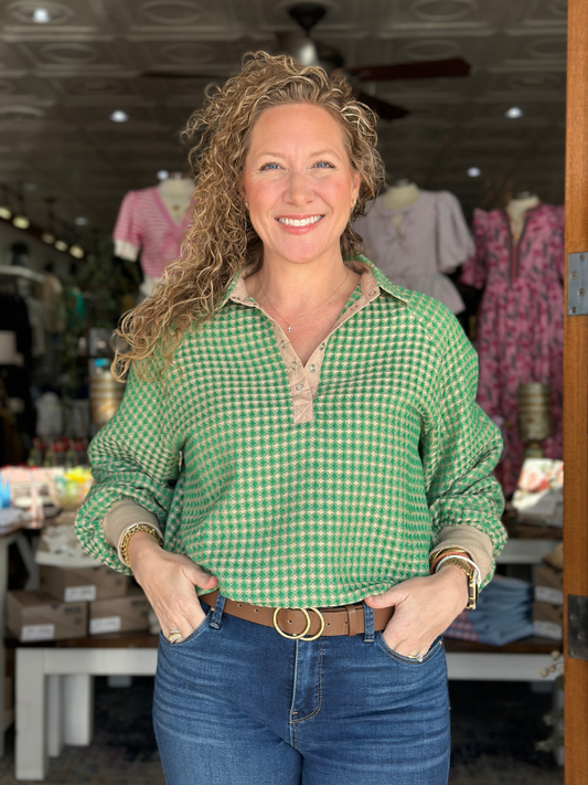 Green + Taupe Textured Snap Front Top