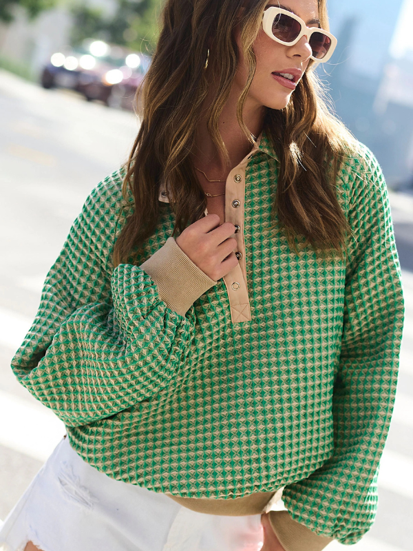 Green + Taupe Textured Snap Front Top