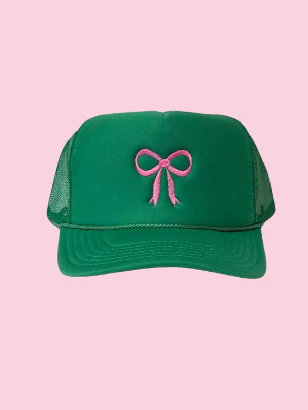 Green Trucker Cap - Pink Bow