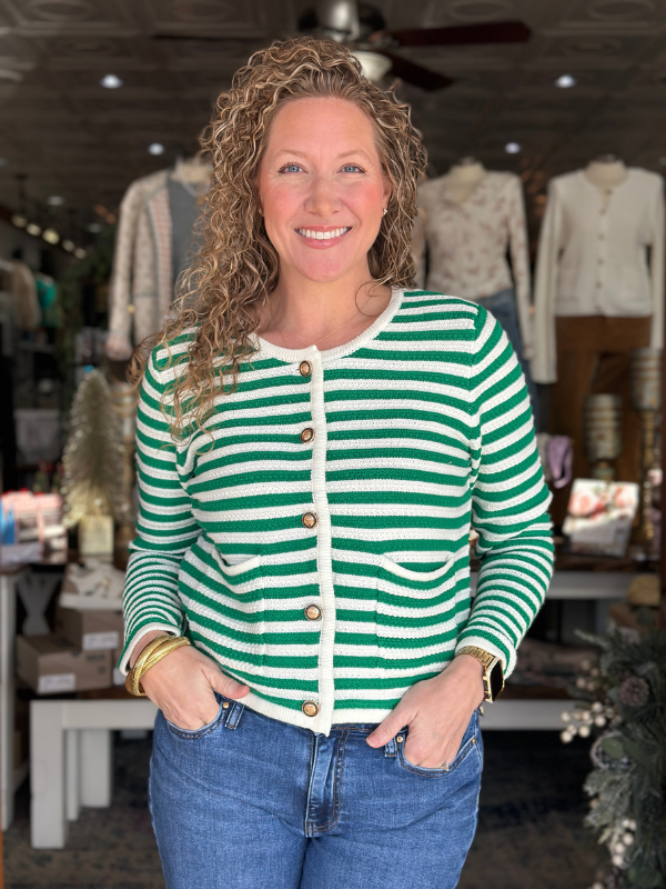 Green & Cream Striped Button Cardigan