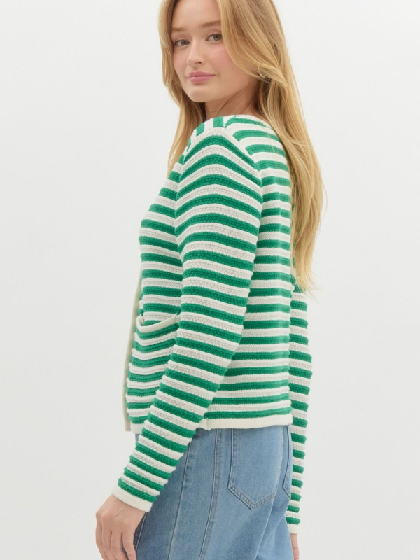 Green & White Striped Cardigan