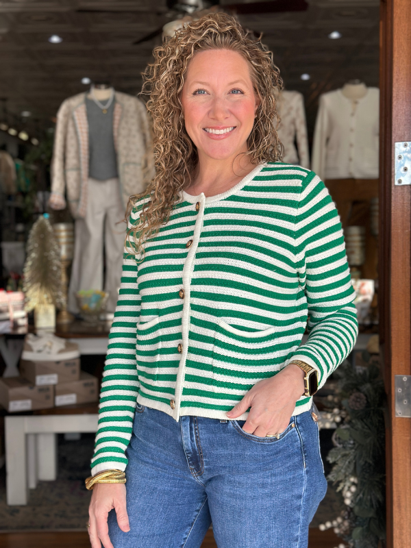 Green & Cream Striped Button Cardigan