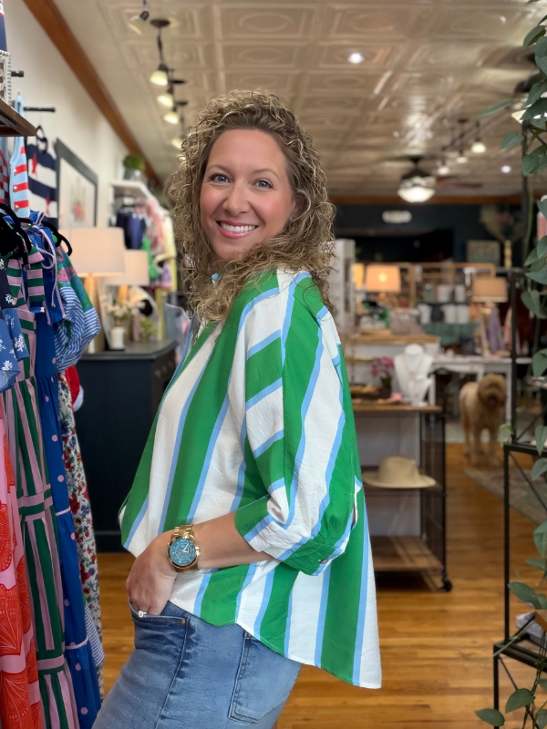 Green + White Striped Collared Top