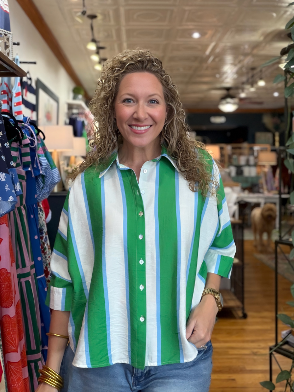 Green + White Striped Collared Top