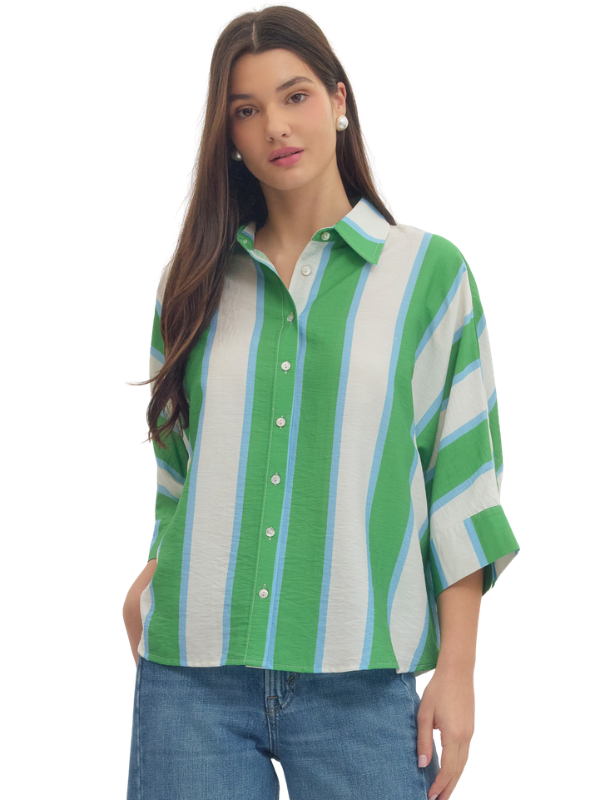 Green + White Striped Collared Top