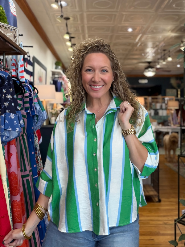 Green + White Striped Collared Top