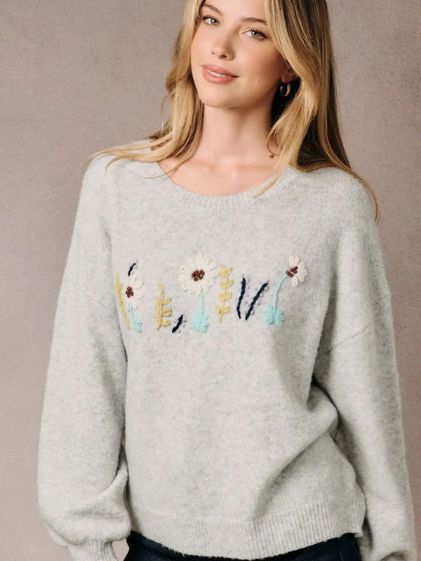 Heather Grey Floral Embroidered Sweater - Themasonboutique