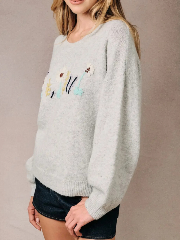 Heather Grey Floral Embroidered Sweater - Themasonboutique
