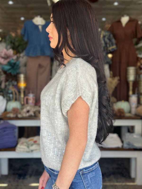 Heather Grey Sequin Short Sleeve Sweater - Themasonboutique