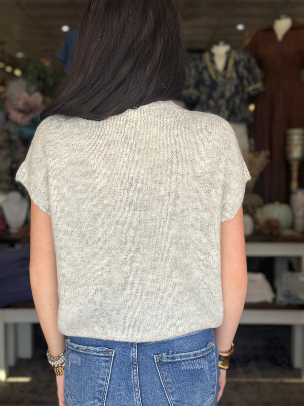 Heather Grey Sequin Short Sleeve Sweater - Themasonboutique