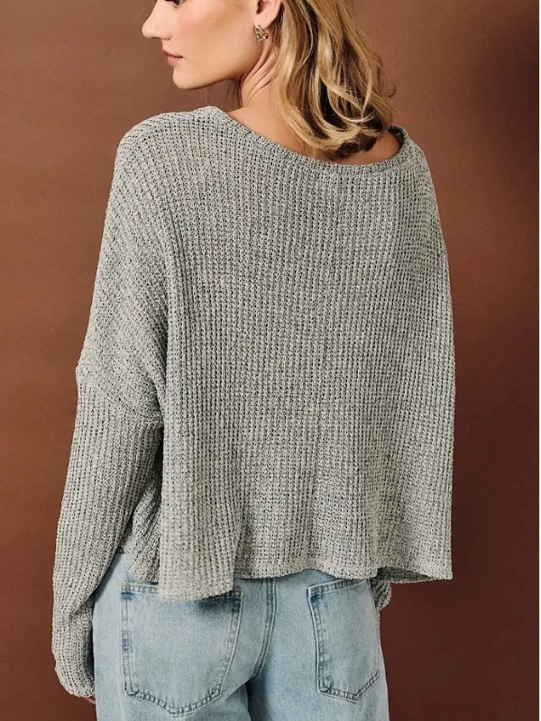 woman wearing a Heather Grey Wide Neck Textured Knit Boxy Top with jeans