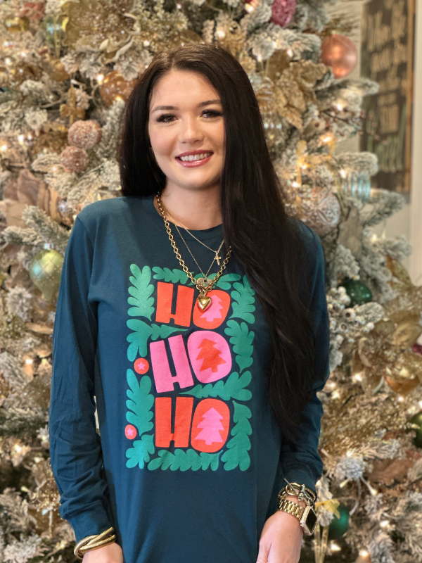 HO HO HO Teal LS Tee