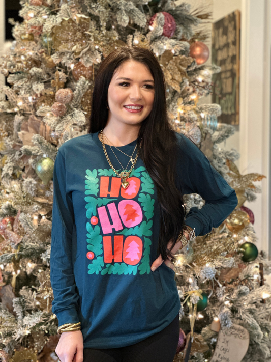 HO HO HO Teal LS Tee